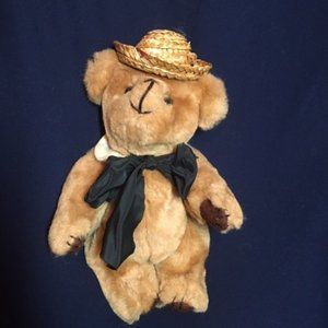 Vintage 1985 KENT Collectibles JOINTED TEDDY BEAR Straw Hat Black Neck Bow 10"